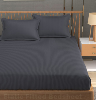 REDROME Cotton Double Fitted (Elastic) 300 TC Striped Bedsheet(Pack of 1, Dark Grey)