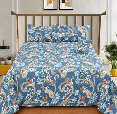 Decent Home Cotton Queen Flat 240 TC Floral Bedsheet(Pack of 1, Blue (1 Bedsheet+ 2 Pillowcovers+ 2 Pillow covers with filler))