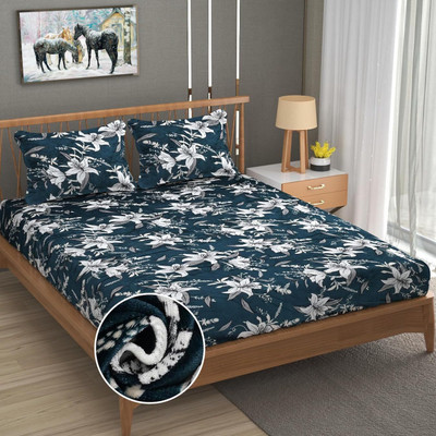 YaAkholic 400 TC Woolen, Fleece Double Printed Fitted (Elastic) Bedsheet(Pack of 1, Grey and White)