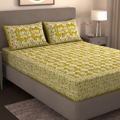 Varde 180 TC Cotton King Jaipuri Prints Flat Bedsheet(Pack of 1, Green Olive)