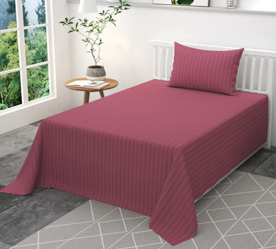 WUSA Satin Single Flat 210 TC Striped Bedsheet(Pack of 1, Rose Gold)