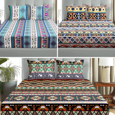 Story@home Microfiber Double Flat 240 TC Printed Bedsheet(Pack of 3, Beige, Grey)