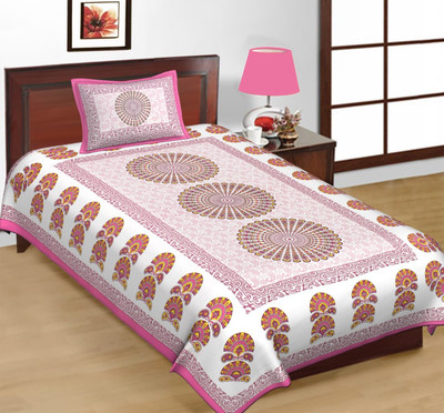 Narmada prints Cotton Single Flat 160 TC Floral Bedsheet(Pack of 1, Pink)