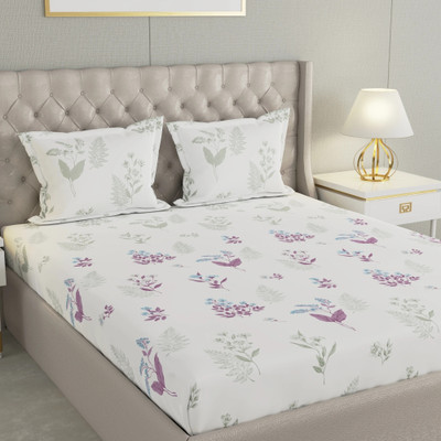 Raymond Home Cotton Super King Flat 200 TC Floral Bedsheet(Pack of 1, White & Purple)
