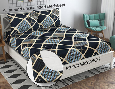 Monark 210 TC Cotton Double 3D Printed Fitted (Elastic) Bedsheet(Pack of 1, Sky Black)
