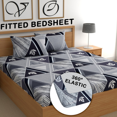 CG Homes 180 TC Cotton Double Printed Fitted (Elastic) Bedsheet(Pack of 1, Grey)