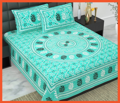 BedZone Cotton Double Flat 240 TC Jaipuri Prints Bedsheet(Pack of 1, Sky)