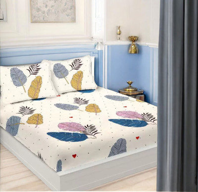 HOMYBEES Cotton Double Fitted (Elastic) 300 TC Abstract Bedsheet(Pack of 1, White)