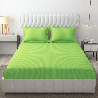 Royal Lush 300 TC Cotton Single Striped Fitted (Elastic) Bedsheet(Pack of 1, Light Green)