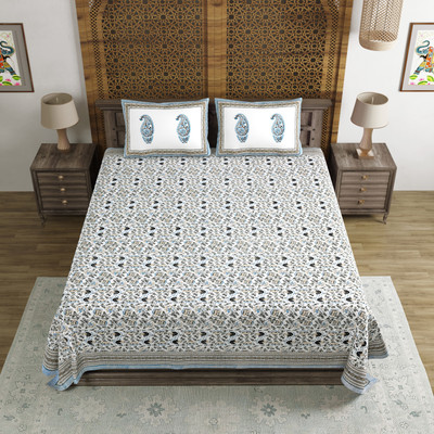 Blocks Of India Cotton King Flat 200 TC Floral Bedsheet(Pack of 1, Grey, Black)