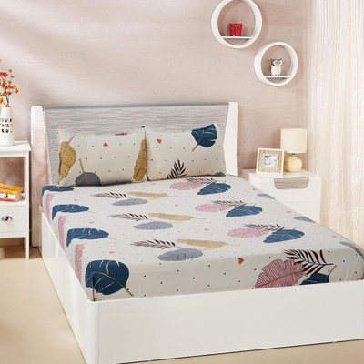 Anand Creative Store Cotton Double Fitted (Elastic) 320 TC Floral Bedsheet(Pack of 1, White)