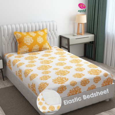 Apala 280 TC Microfiber Single Floral Fitted (Elastic) Bedsheet(Pack of 1, White & Yellow)