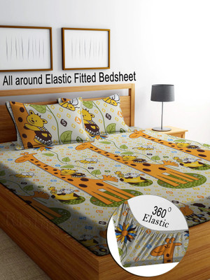 RisingStar Cotton King Fitted (Elastic) 250 TC Striped Bedsheet(Pack of 1, FITTED_Ziraf_Kidz)