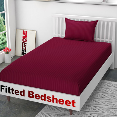 REDROME 300 TC Cotton Single Striped Fitted (Elastic) Bedsheet(Pack of 1, Maroon)