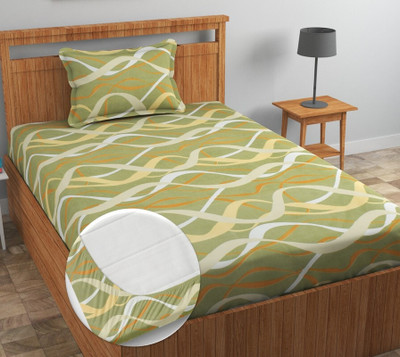 New leaf 220 TC Cotton Single Printed Fitted (Elastic) Bedsheet(Pack of 1, Light Green)
