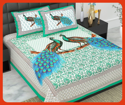 BedZone Cotton Double Flat 240 TC Jaipuri Prints Bedsheet(Pack of 1, Sky)