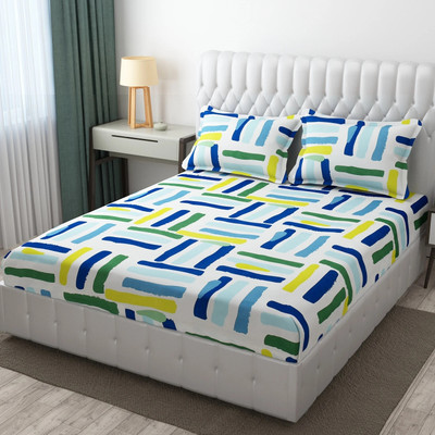 STEDO 250 TC Cotton Double Geometric Fitted (Elastic) Bedsheet(Pack of 1, White)