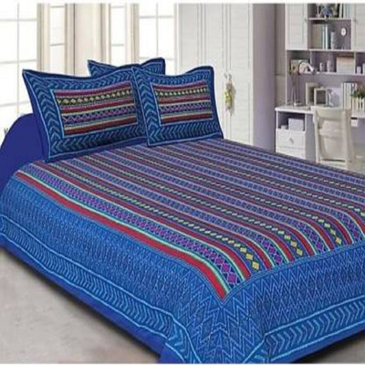 E ELMA Cotton Double Flat 150 TC Printed Bedsheet(Pack of 1, Blue)