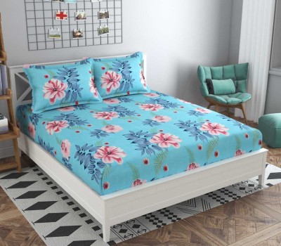 Garg Home 220 TC Microfiber King Floral Fitted (Elastic) Bedsheet(Pack of 1, Blue, White)