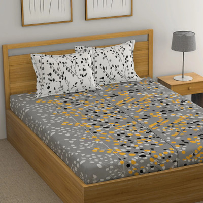 Huesland 144 TC Cotton Double Floral Flat Bedsheet(Pack of 1, Grey and White)