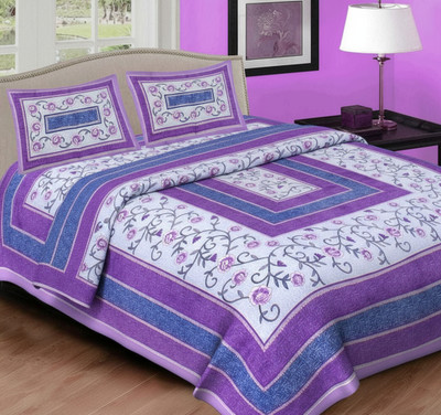 KUHA Cotton Double Flat 210 TC Jaipuri Prints Bedsheet(Pack of 1, Multicolor, Purple)