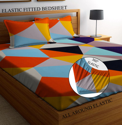 Amrange 210 TC Microfiber Double Geometric Fitted (Elastic) Bedsheet(Pack of 1, Multicolor)