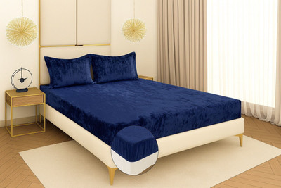 DECORHUT FAB Velvet King Fitted (Elastic) 300 TC Solid Bedsheet(Pack of 1, Blue)