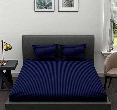 DECOR2ADMIRE Cotton King Fitted (Elastic) 300 TC Striped Bedsheet(Pack of 1, Dark Blue)
