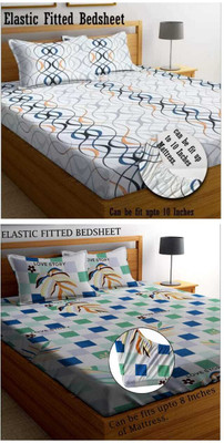Amrange 210 TC Cotton King 3D Printed Fitted (Elastic) Bedsheet(Pack of 2, Multi11)