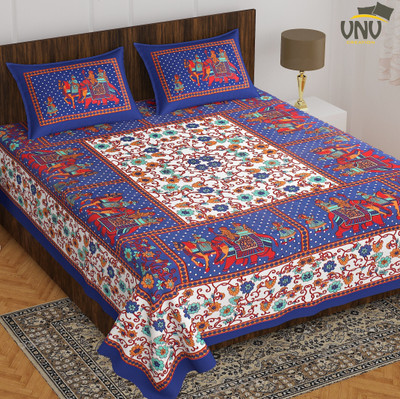 VNV Creation 144 TC Cotton Double Jaipuri Prints Flat Bedsheet(Pack of 1, Blue)