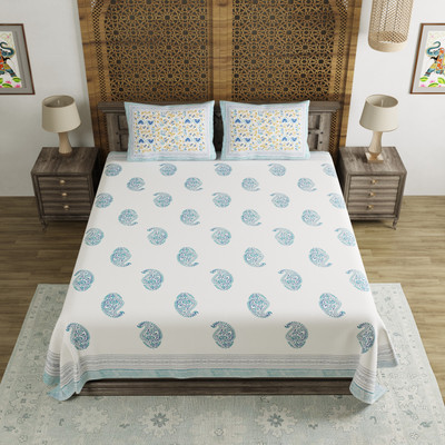 Blocks Of India Cotton King Flat 200 TC Paisley Bedsheet(Pack of 1, Blue, Cream)