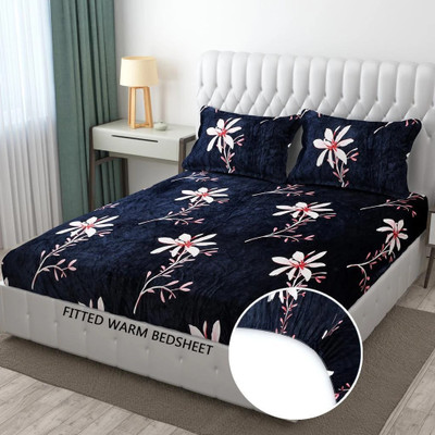 real dream 300 TC Woolen Double Abstract Fitted (Elastic) Bedsheet(Pack of 1, Blue)