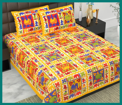 BedZone Cotton Double Flat 240 TC Jaipuri Prints Bedsheet(Pack of 1, Yellow)