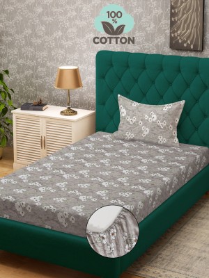 Klotthe 400 TC Cotton Single Printed Fitted (Elastic) Bedsheet(Pack of 1, Grey)