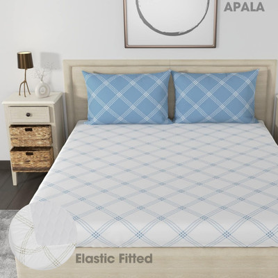 Apala 280 TC Microfiber King Geometric Fitted (Elastic) Bedsheet(Pack of 1, White & Multicolor)