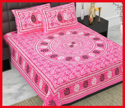 BedZone Cotton Double Flat 240 TC Jaipuri Prints Bedsheet(Pack of 1, Pink)