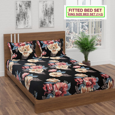 PATNOS 240 TC Microfiber King Abstract Fitted (Elastic) Bedsheet(Pack of 1, Black)