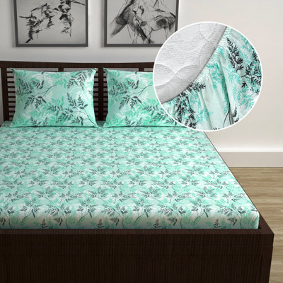 Divine Casa Cotton Double Fitted (Elastic) 144 TC Floral Bedsheet(Pack of 1, Beach Glass)