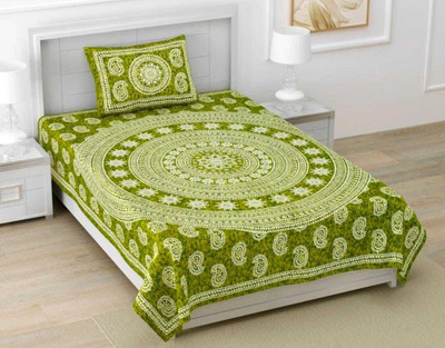 hntraders Cotton Single Flat 144 TC Jaipuri Prints Bedsheet(Pack of 1, Green)
