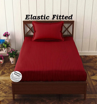 HOMYBEES Cotton Single Fitted (Elastic) 300 TC Striped Bedsheet(Pack of 1, Maroon)