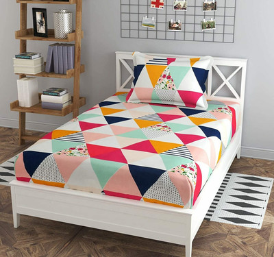Dahlia 200 TC Polycotton Single Printed Fitted (Elastic) Bedsheet(Pack of 1, Blue)