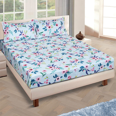 ROMEE 144 TC Cotton Double Floral Flat Bedsheet(Pack of 1, Blue)