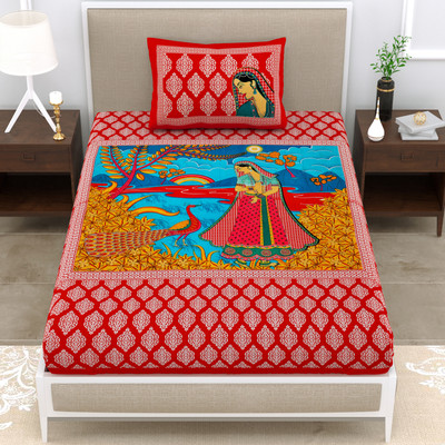 Cosito 144 TC Cotton Single Jaipuri Prints Flat Bedsheet(Pack of 1, Red)