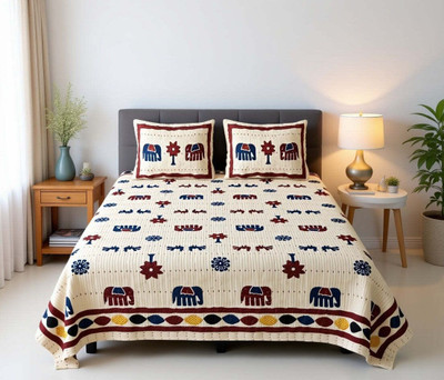 Loomweft Cotton King Flat 300 TC Printed Bedsheet(Pack of 1, Patta Elephant)