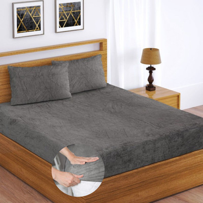 Apala Woolen Double, King Fitted (Elastic) 350 TC Solid Bedsheet(Pack of 1, Grey)