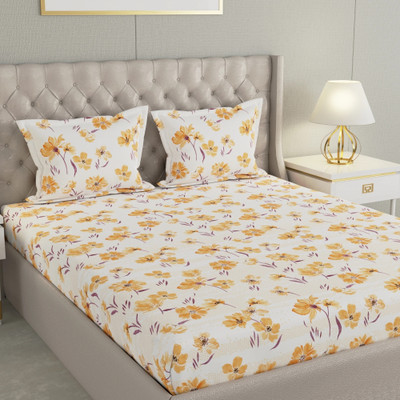 Raymond Home Cotton Super King Flat 200 TC Floral Bedsheet(Pack of 1, White)