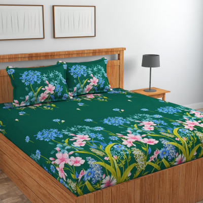 RRB TEXTILE 160 TC Microfiber King Abstract Fitted (Elastic) Bedsheet(Pack of 1, All Round Elastic Fitted Bedsheet With 2 Pillow Covers, Dark Green)