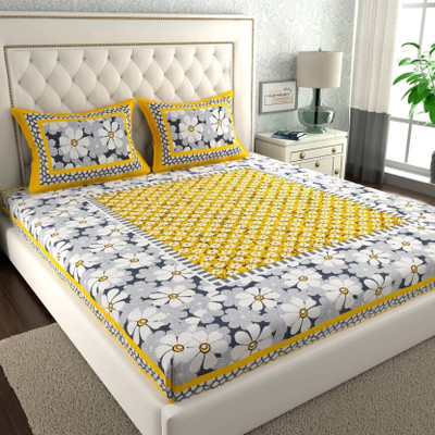 BharatLinen Fleece Queen Flat 144 TC Floral Bedsheet(Pack of 1, Yellow)