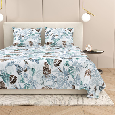 Dream Weaverz Cotton Super King Flat 260 TC Abstract Bedsheet(Pack of 1, White-blue)