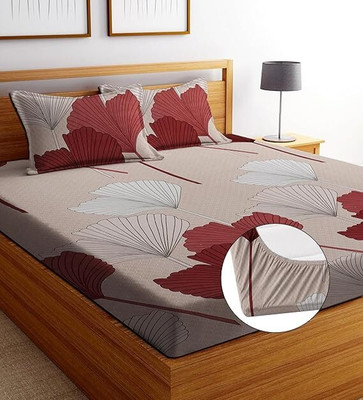 SHOPHOX Cotton King Fitted (Elastic) 300 TC Floral Bedsheet(Pack of 1, Pink, Red)